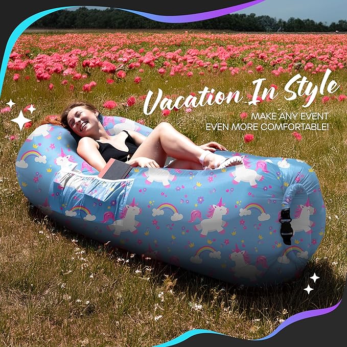 Nevlers Inflatable Lounger | 210T Polyester Inflatable Chair | No-Pump Blow Up Couch | Camping Couch Air Sofa Bed w/ 450 lbs. Cap., Pockets & Matching Bag | Use as Inflatable Couch for Adults & Kids