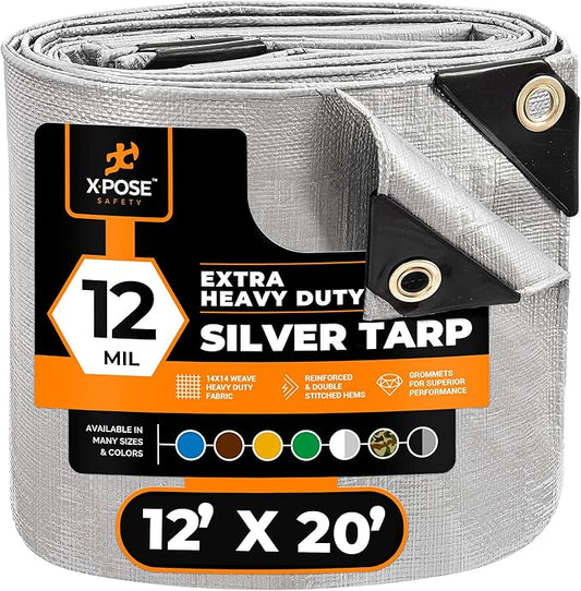 Heavy Duty Silver Poly Tarp 12' X 20' - Multipurpose Protective Cover - Durable, Waterproof, Weather Proof, Rip and Tear Resistant - Extra Thick 12 Mil Polyethylene - by Xpose Safety