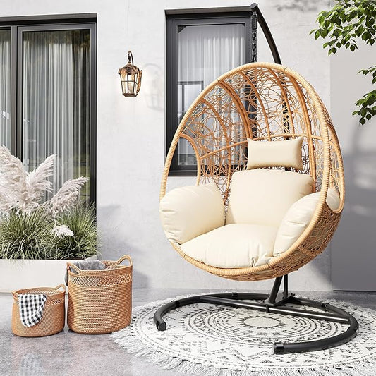 Oversized Hanging Egg Chair Set of 2 Outdoor Indoor, Wicker Swing Egg Chair with Stand 400lbs Capacity for Bedroom, Patio, Garden and Balcony