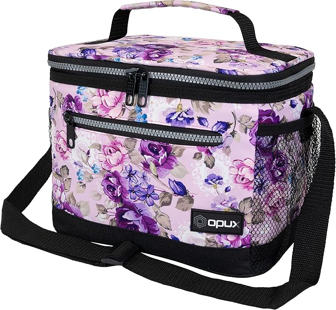 opux Insulated Lunch Box Men Women, Lunch Bag for Work School, Leakproof Soft Cooler Tote Adult, Large Lunch Pail Kids Boys Girls, Picnic Beach Food Bag with Shoulder Strap, Purple Floral
