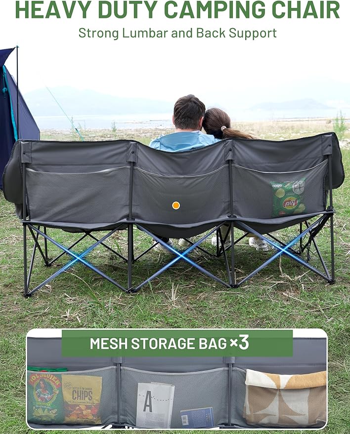 TIMBER RIDGE Padded 3 Person Camping Chair Supports to 1050lbs, Portable Camp Couch Double Camping Chairs, Outdoor Oversized Folding Loveseat Perfect for Campsites, Patio/Lawn, Soccer Games, Grey