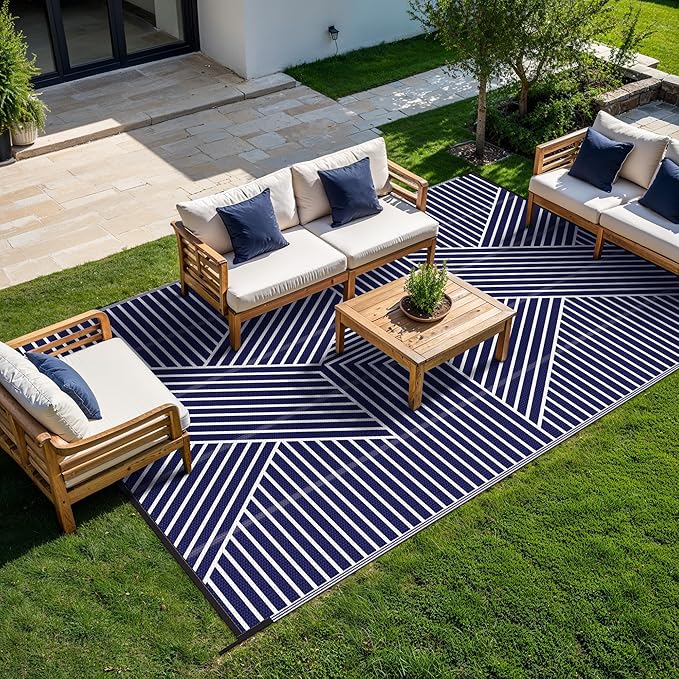 GENIMO Outdoor Rug for Patio Clearance,6'x9' Waterproof Mat,Reversible Plastic Camping Rugs,Rv,Deck,Porch,Camper,Balcony,Backyard (Blue & White)