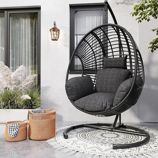 Oversized Hanging Egg Chair Set of 2 Outdoor Indoor, Wicker Swing Egg Chair with Stand 400lbs Capacity for Bedroom, Patio, Garden and Balcony
