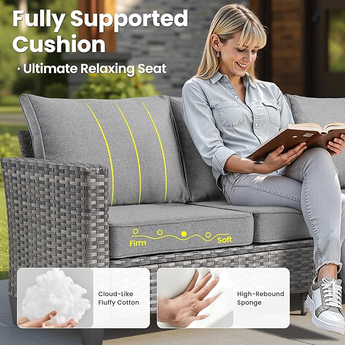 ovios 7 Pieces Patio Furniture Set with 42" Fire Pit Table, Outdoor Wicker Sofa with Swivel Chairs, All Weather High Back Rattan Couch Conversation Set, Dark Grey