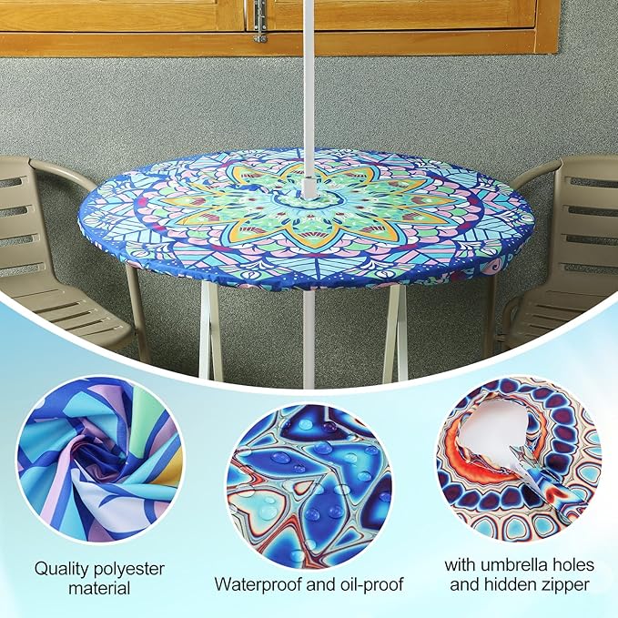2 Pcs Round Outdoor Tablecloth with Umbrella Hole - Anti-Wrinkle Polyester Tablecloth with Elastic Zipper Table Cover for Summer Patio Camping Party(45''-53'',Mandala)