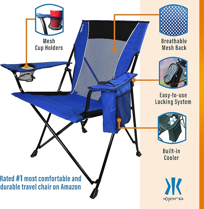 Kijaro Dual Lock Portable Camping Chairs - Enjoy Outdoors with Versatile Folding Sports & Lawn Chair - Dual Lock Feature Locks Position - Maldives Blue with Cooler