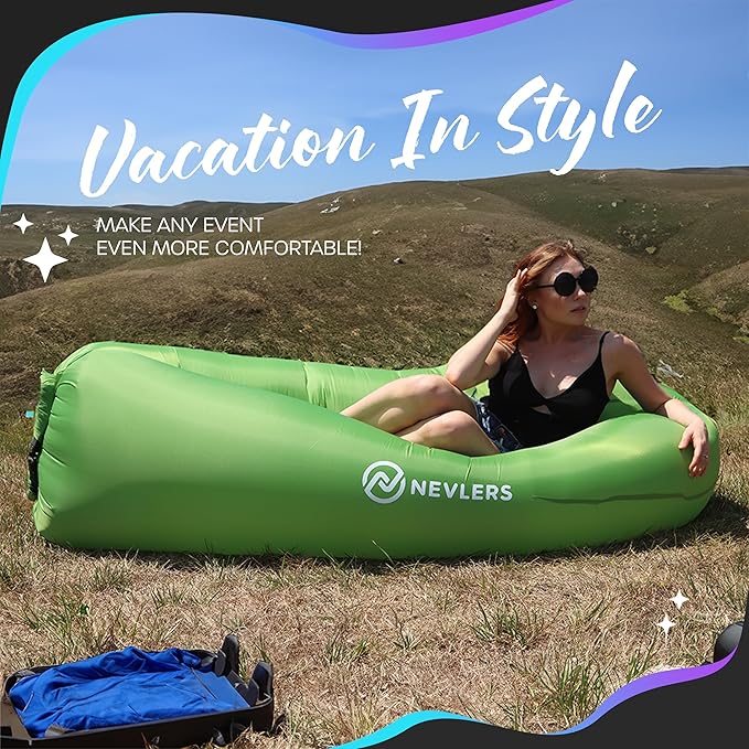 Nevlers Inflatable Lounger | 210T Polyester Inflatable Chair | No-Pump Blow Up Couch | Camping Couch Air Sofa Bed w/ 450 lbs. Cap., Pockets & Matching Bag | Use as Inflatable Couch for Adults & Kids