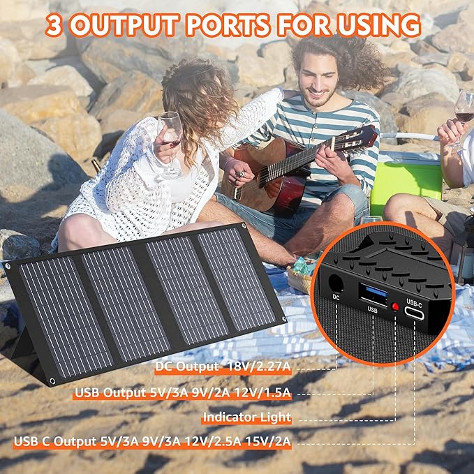Apowking Portable Solar Panels 40W, Foldable Solar Panel Charger for 100-300W Portable Power Station, with Adjustable Kickstands, DC 18V Output, USB 3.0 and Type-C Ports for Camping Van RV Trip