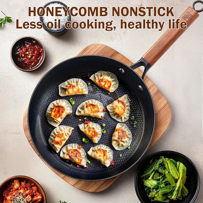 DM Cast Iron Skillet, 2 Piece Nonstick Frying Pan Set, 8 and 12 Inch with Detachable Acacia Wooden Handle, Honeycomb Non stick Omelet Egg Pan, Easy Clean Oven Safe Pans for Cooking
