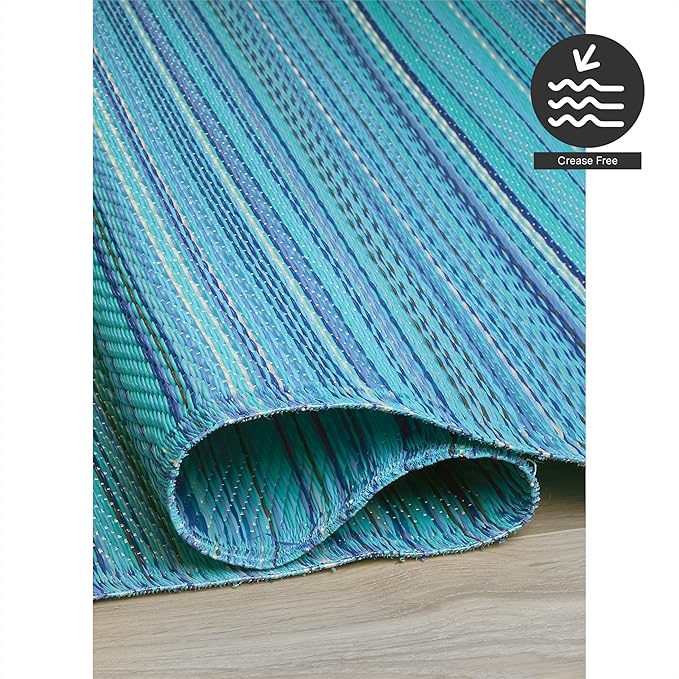 FH Home Outdoor Rug - Waterproof, Fade Resistant, Reversible - Premium Recycled Plastic - Striped - Patio, Deck, Porch, Balcony - Havana - Turquoise Crease Free - 5 x 8 ft