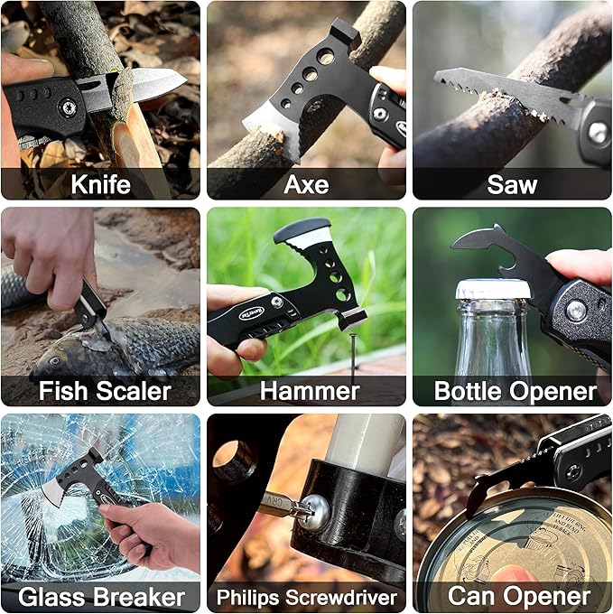 RoverTac Multitools Gift Set, 11-in-1 Multi Tool Axe, LED Flashlight, Tactical Knife in “I LOVE YOU” Gift Box, Tool Gift for Husband, Boyfriend, Dad, Camping Essentials Survival Gear Multitool