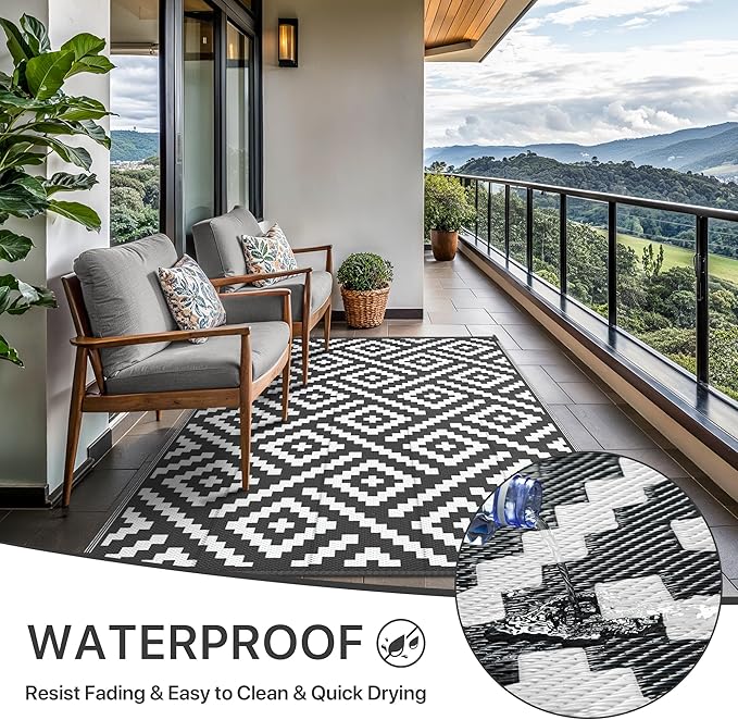GENIMO Outdoor Rugs 8x10 Waterproof, Reversible Mats, Area Plastic Straw Rug, Outside Carpet, Geometric Rv Mat for Patio Camping Picnic Backyard Deck Balcony Porch Beach Trailer (Black & White)