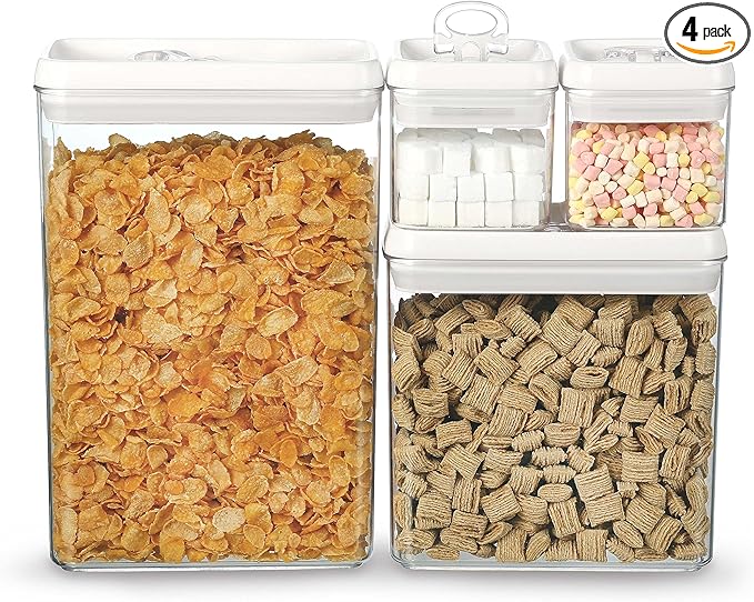Felli Flip Tite Storage Container with Lid 4" RECTANGULAR Air Tight Ring Flip Top, Stackable Acrylic Canister for Kitchen Counter Pantry, Cereal Granola Pasta Spice, Gift Set for Women (4pk, Variety)