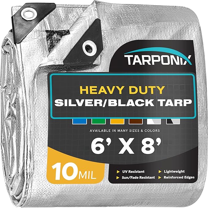 6' x 8' Dual-Sided Heavy-Duty Tarp – 10 Mil Tear-Resistant Silver & Black Cover with Reinforced Edges and Anti-Rust Grommets