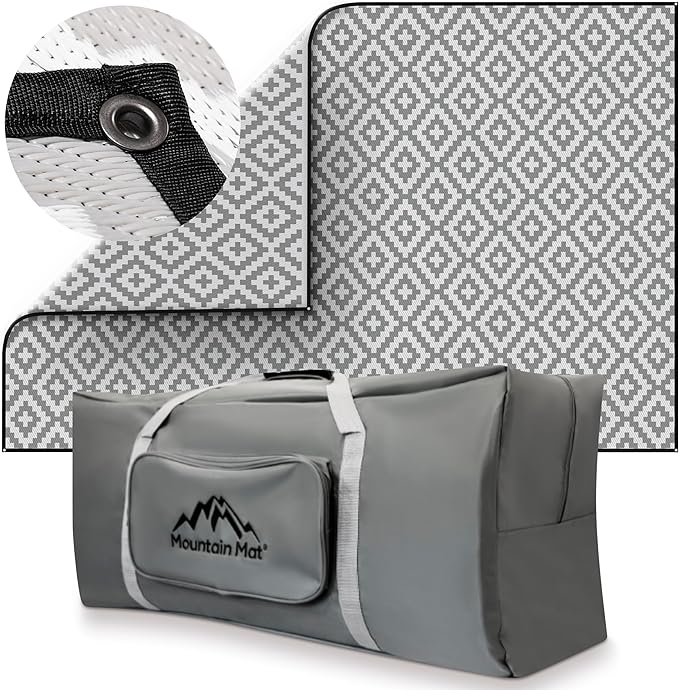 8x20 Gray & White Outdoor RV Mat with Carry Bag – Extra Thick 5mm Recycled Poly Rug – Waterproof, Reversible, Heavy-Duty – Premium Patio Mat for Camping, Deck (8x20, Grey Diamond)