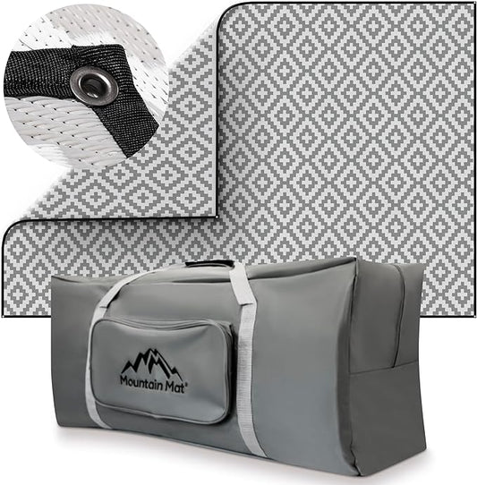Premium Outdoor RV Patio mat Sizes 8' x 12', 8' x 16', 8' x 20', Made from 100% Recycled Plastic for Tents, Decks, Campers, and Beach – with Durable Carry Bag (8x12, Grey Diamond)