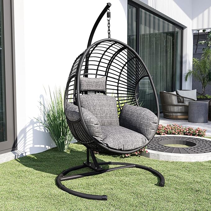 Hanging Egg Chair with Stand - Egg Swing Chair Outdoor Indoor Patio Wicker Chair Swing Hammock Egg Chairs 400lbs Capacity for Outside Patio, Bedroom, Garden and Balcony (Black-Regular, 2P)