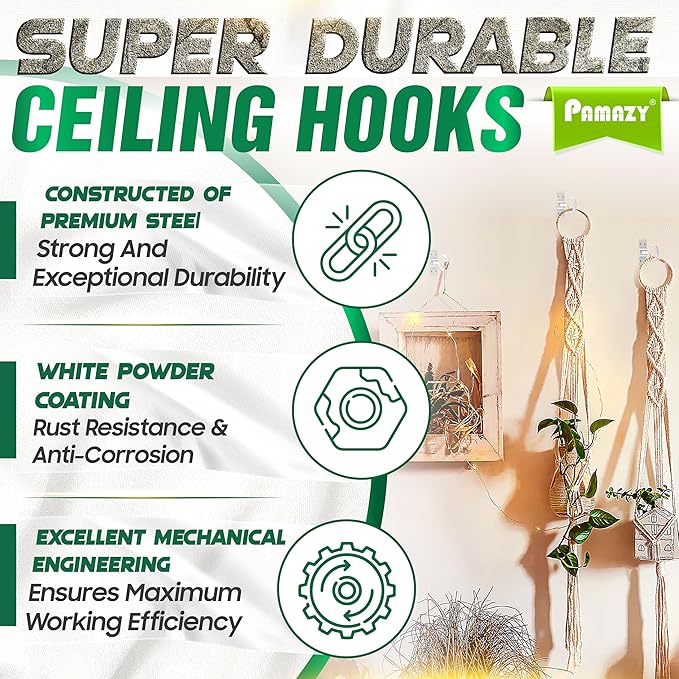 [Upgraded] 200LBS 4Pcs Rotatable Ceiling Hooks with 4 Screw Points Plate Base, White Wall Mount Metal Hanger for Hanging Plants, Bird Feeders, Lanterns, Lights, Wind Chimes, Indoor Outdoor Decor