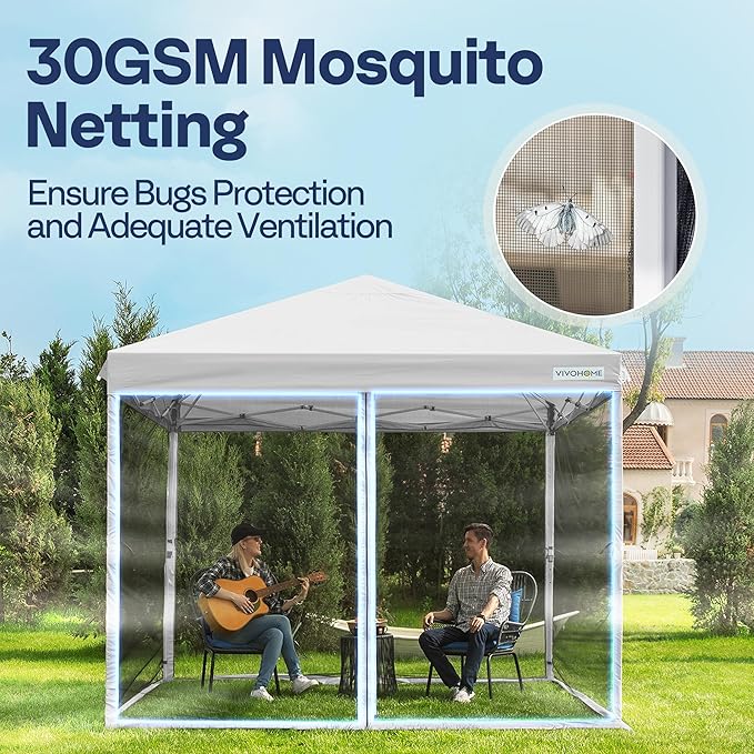 VIVOHOME 10x10ft Easy Pop-Up Canopy, Outdoor Screen Tent with Mosquito Netting, 2 Zipper Doors, and Roller Bag for Yard Camping Picnic Party Events, White
