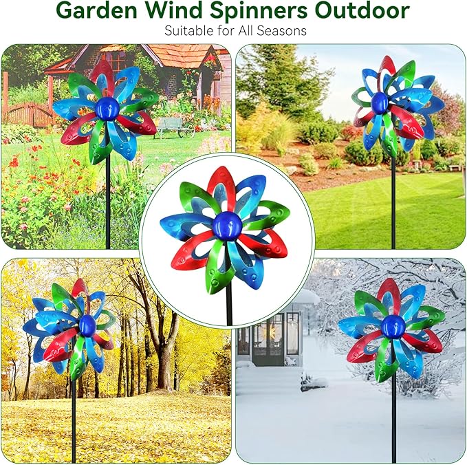 Garden Wind Spinners, Dual-Sided Colorful Metal Windmill 13" Dia*55" Height Wind Sculptures & Spinners, Vibrant Outdoor Kinetic Art for Yard, Garden, Driveway Decor