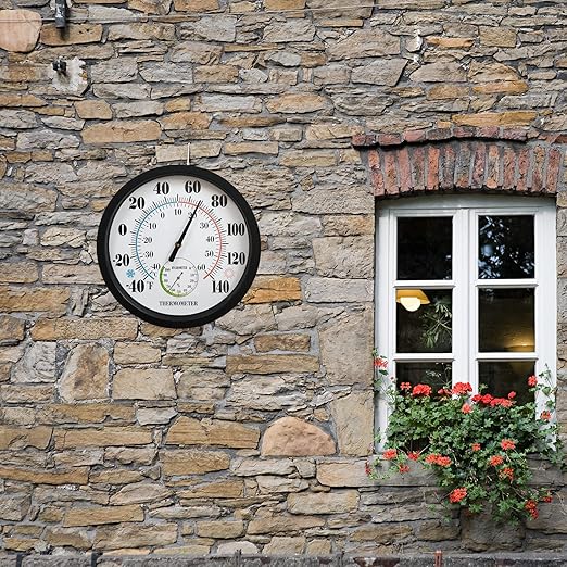 Indoor Outdoor Thermometer Large Numbers 12 Inch Wall Weather Thermometer Hanging Garden Decor Hygrometer No Battery Needed (Black)