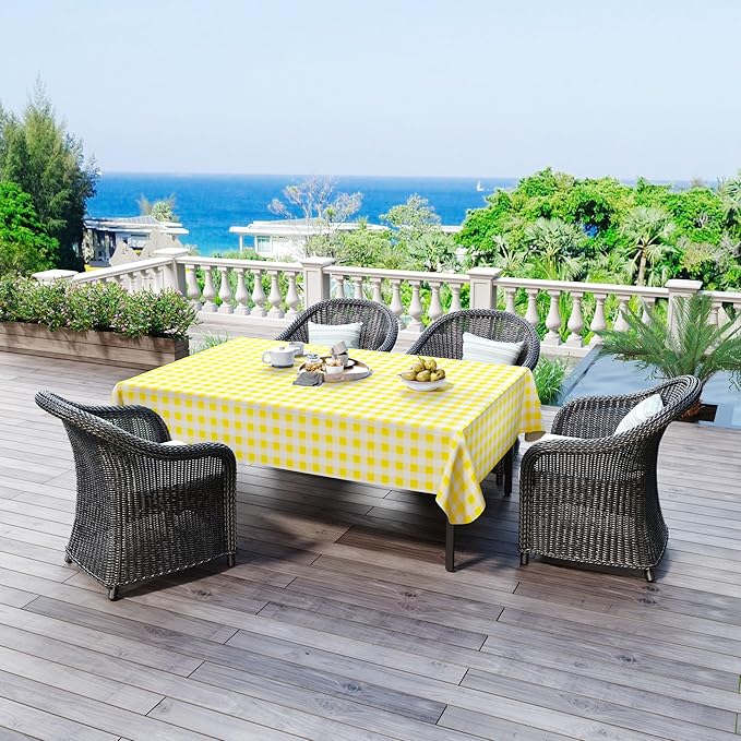 misaya Rectangle Waterproof Vinyl Table Cloth, Buffalo Flannel Backed Tablecloth, Wipeable Plastic Table Cover for Dinner, Kitchen, Outdoor (52" x 70", Yellow and White)