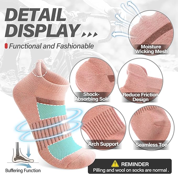 6 Pairs Merino Wool Ankle Running Hiking Socks Compression Support Breathable Thick Cushion No Show Socks for Women Men