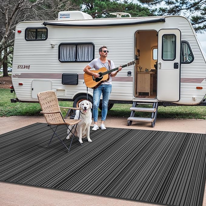 GENIMO Outdoor Rug for Patio Clearance, 8'x10' Waterproof Camping Mat, Reversible Plastic Straw Rugs for RV, Camper, Balcony, Backyard, Picnic, Deck (Black&Grey)