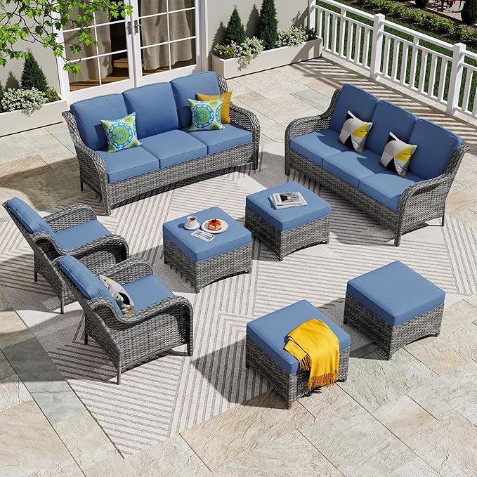 ovios 8 Pieces Patio Furniture Set, Outdoor Wicker Sofas with 2 Chairs, 4 Ottomans and Comfy Cushions, All Weather High Back Couch Set for Deck Porch, Grey Rattan, Denim Blue