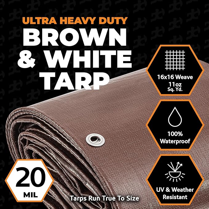 25' x 45' Brown/White Ultra Heavy Duty Tarp - 20 Mil Tarps Heavy Duty Waterproof 25X45 - Extra Large Outdoor Tarp, Waterproof Tarp Cover for Rain Camping, Tent Tarp, UV Protection, Reinforced Corners