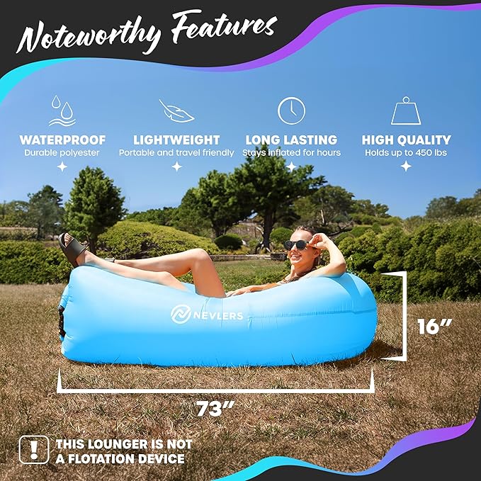 Nevlers 2 Pack Inflatable Loungers Air Sofa Couch | Perfect for Beach Chair Camping Chairs or Portable Hammock |Travel Bag Pouch, Pegs & 3 Pockets| Movie Seating & Camping Accessories Blow Up Lounger