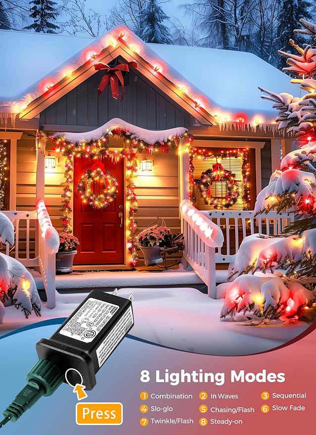 C9 LED Christmas Lights Outdoor, 81 Feet 100 LED String Lights with Timer & 8 Light Mode, Waterproof Commercial Grade Christmas Tree Lights for Outside Indoor Roofline Patio, Red & Warm White 2 Pack