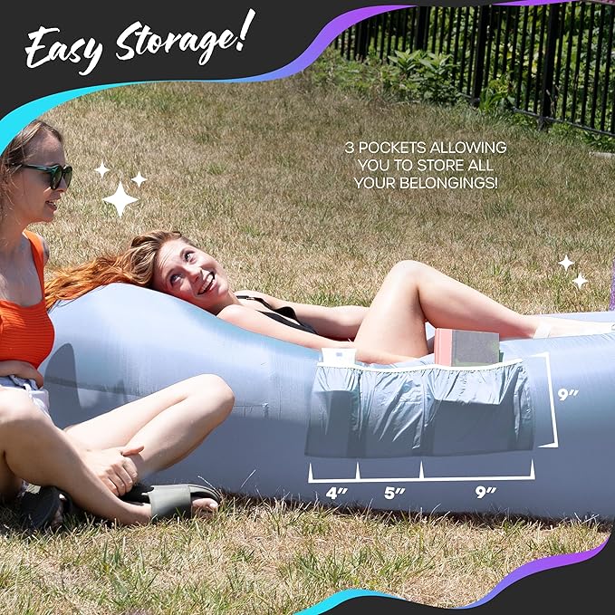 Nevlers Inflatable Lounger | 210T Polyester Inflatable Chair | No-Pump Blow Up Couch | Camping Couch Air Sofa Bed w/ 450 lbs. Cap., Pockets & Matching Bag | Use as Inflatable Couch for Adults & Kids