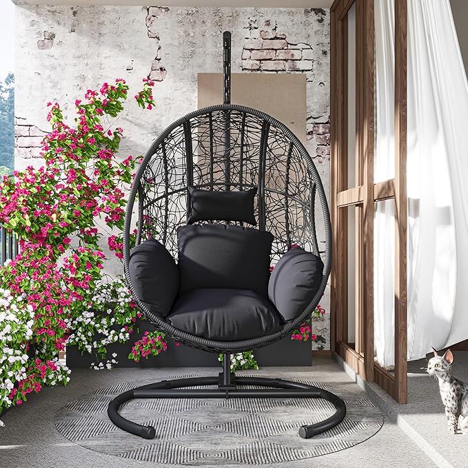 Hanging Egg Chair with Stand - Egg Swing Chair Outdoor Indoor Patio Wicker Chair Swing Hammock Egg Chairs 400lbs Capacity for Outside Patio, Bedroom, Garden and Balcony (Grey-Nest, 1PC)