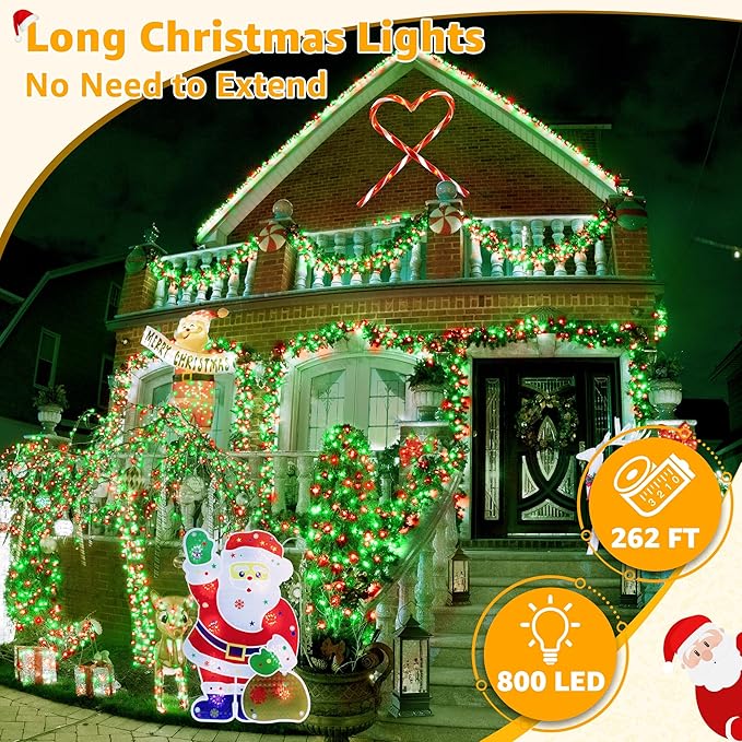 Ollny Christmas Lights Outdoor 800LED 262FT, Red and Green Plug in Fairy Lights with Remote, 8 Modes Waterproof Timers Dimmable LED String Lights for Indoor House Outside Bedroom Patio Balcony