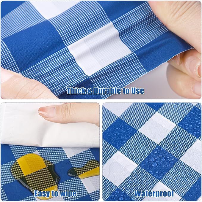 54 Inch x 300 Ft Blue Checkered Plastic Table Cloth Roll Disposable Waterproof Table Cover Plastic Table Cover Roll with Easy Slide Cutter for Outdoor Picnic/Home Dining/Spring Party