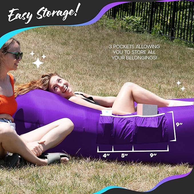 Nevlers Inflatable Lounger | 210T Polyester Inflatable Chair | No-Pump Blow Up Couch | Camping Couch Air Sofa Bed w/ 450 lbs. Cap., Pockets & Matching Bag | Use as Inflatable Couch for Adults & Kids