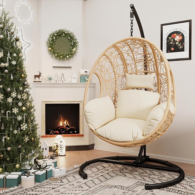 Hanging Egg Chair with Stand - Egg Swing Chair Outdoor Indoor Patio Wicker Chair Swing Hammock Egg Chairs 400lbs Capacity for Outside Patio, Bedroom, Garden and Balcony (Beige-nest, 2P)
