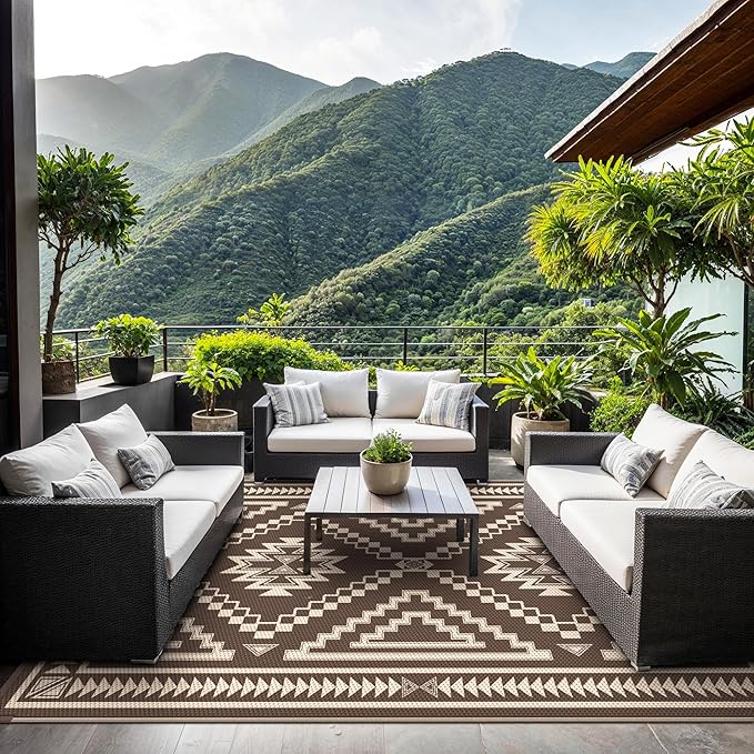 GENIMO Outdoor Rug for Patio Clearance, 8x10 ft Waterproof Mat,Reversible Plastic Camping Rugs, Rv, Porch, Deck, Camper, Balcony, Backyard, Coffee and Beige