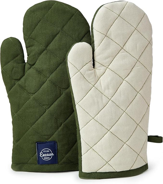 Encasa Heat Resistant Cotton Oven Gloves Mitts (2 Pc Set) - Quilted & Safe 12x7 in - for Kitchen, Cooking & Baking, Grilling, Handling Hot Pots & Pans - Leaf Green