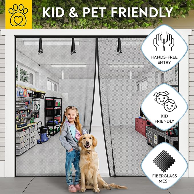 AUGO Garage Door Screen Magnetic Closure - Garage Screen Doors for 1 Car Garage Pull Down - Magnetic Screen Door Mesh - Heavy Duty Weighted Bottom- Pet & Kid Friendly - Keep Open Feature - 8' x 7'