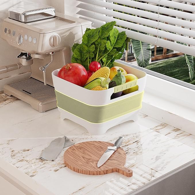 2.4 Gal Collapsbile Wash Basin with Drian Plug,9L Dish Pan for Soaking Baby Bottles,Portable Sink, Multiuse Foldable Bucket,Ice Beverage Tubs for Camping, Vegetable Washing, RV (Green)