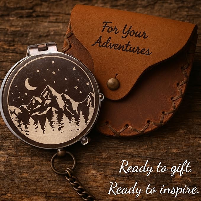 Engraved Compass Gift for Men – Vintage Brass Pocket Compass for Hiking, Adventure, and Travel – Antique Finish with Leather Case – Moon & Stars, or Road Design – Gift for Dad, Husband, or Son