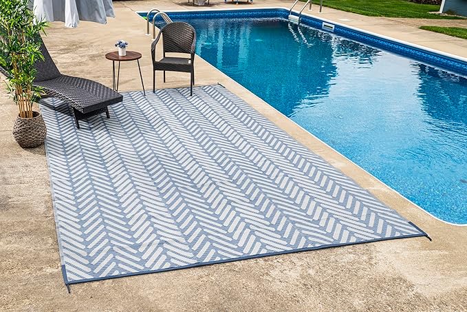 FH Home Outdoor Camping Rug - Waterproof, Fade Resistant, Reversible - Premium Recycled Plastic - Herringbone - Large Patio, Deck, Sunroom, RV - Fresno - Light Blue - 9 x 18 ft Foldable