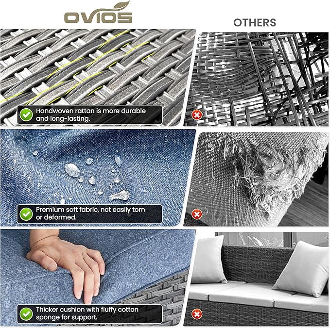 ovios 7 Pieces Patio Furniture Set, Outdoor Wicker Sofas with 4 Chairs, Ottomans and Comfy Cushions, All Weather High Back Couch Set for Deck Porch, Grey Rattan, Denim Blue