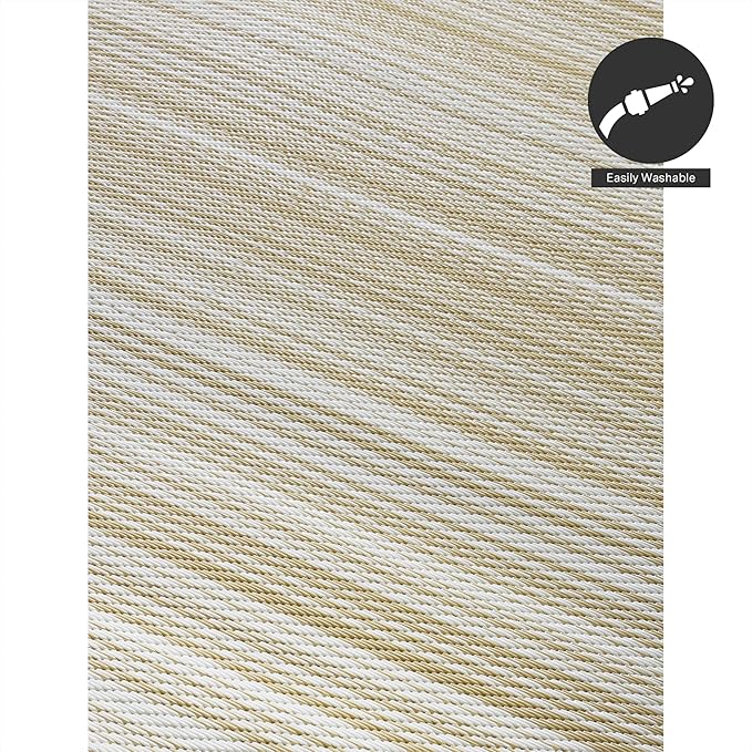 FH Home Outdoor Camping Rug - Waterproof, Fade Resistant, Reversible - Premium Recycled Plastic - Striped - Large Patio, Deck, Sunroom, RV - Havana - Beige - 5 x 8 ft Foldable