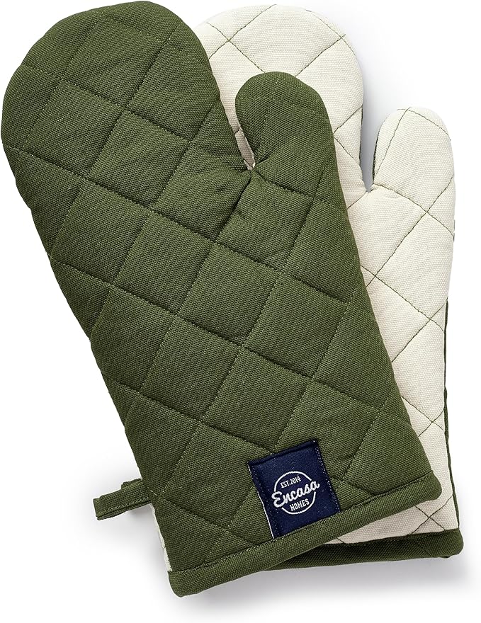 Encasa Heat Resistant Cotton Oven Gloves Mitts (2 Pc Set) - Quilted & Safe 12x7 in - for Kitchen, Cooking & Baking, Grilling, Handling Hot Pots & Pans - Leaf Green