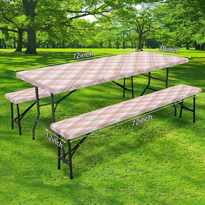 DYNH 3 Pcs Picnic Table Cover with Bench Covers, 8ft Waterproof Reusable Elastic Fitted Rectangle Picnic Table Cloths,30x96IN Beige Plaid Picnic Tablecloth for Camping Patio Travel Outdoor
