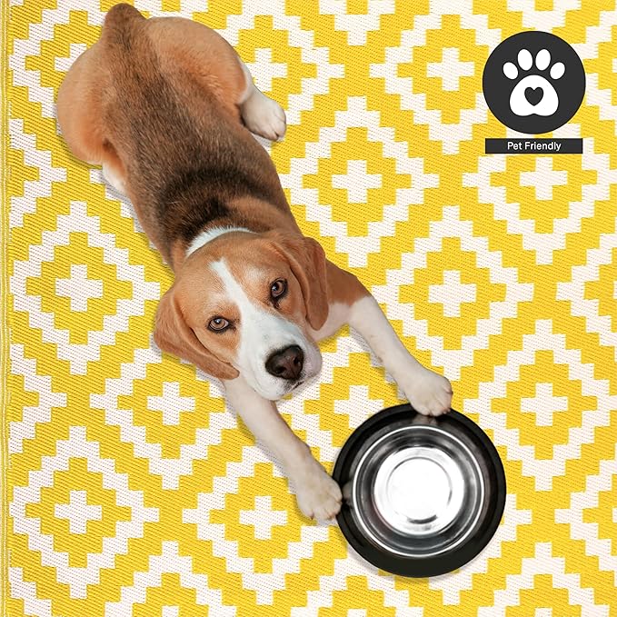 FH Home Outdoor Camping Rug - Waterproof, Fade Resistant, Reversible - Premium Recycled Plastic - Geometric - Picnic, Patio, Deck, Sunroom, RV - Aztec - Yellow & White - 4 x 6 ft Foldable