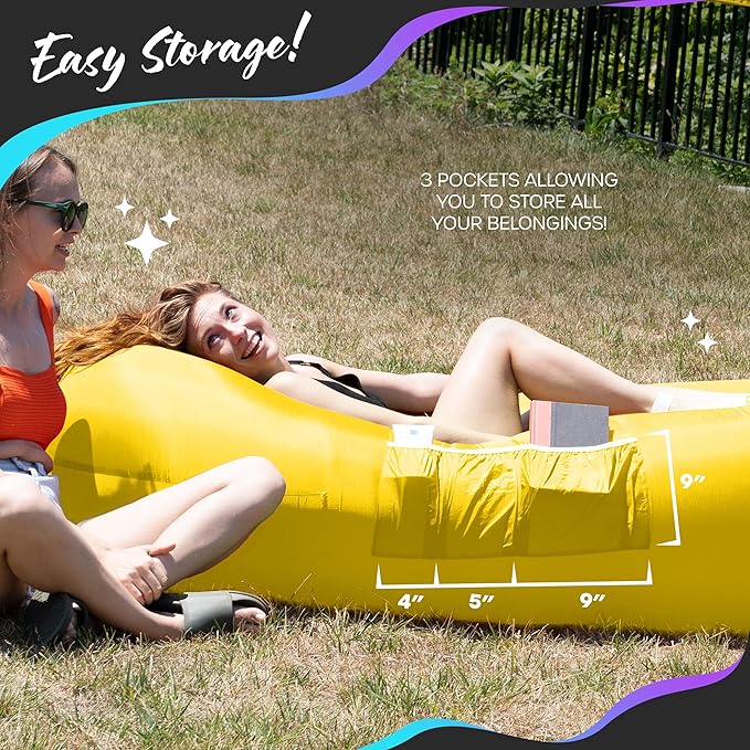 Nevlers Inflatable Lounger | 210T Polyester Inflatable Chair | No-Pump Blow Up Couch | Camping Couch Air Sofa Bed w/ 450 lbs. Cap., Pockets & Matching Bag | Use as Inflatable Couch for Adults & Kids